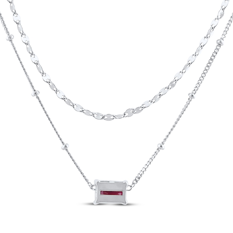 Main Image 3 of Emerald-Cut Lab-Created Ruby Double Strand Necklace Sterling Silver 17.5&quot;
