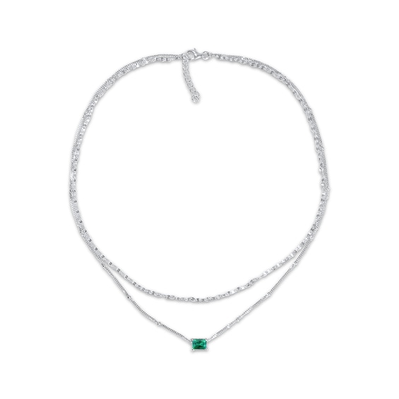 Emerald-Cut Lab-Created Emerald Double Strand Necklace Sterling Silver 17.5"