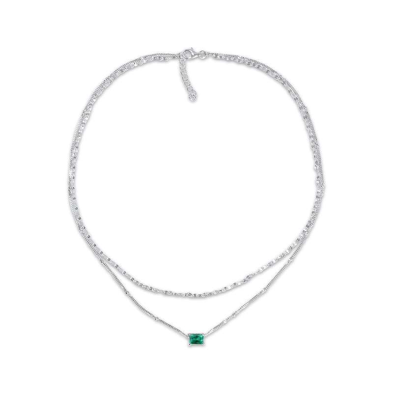 Main Image 1 of Emerald-Cut Lab-Created Emerald Double Strand Necklace Sterling Silver 17.5&quot;