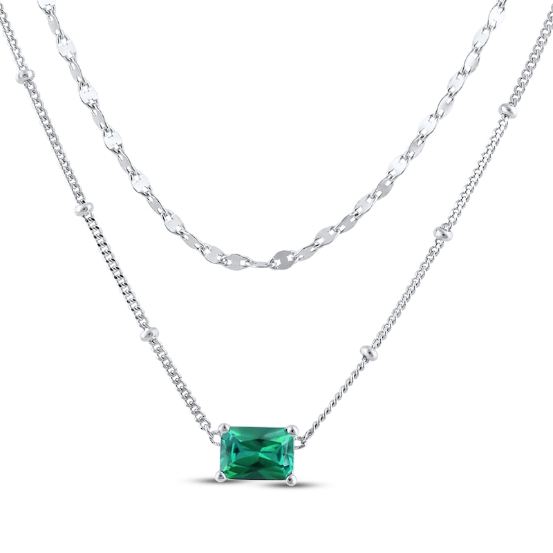 Main Image 2 of Emerald-Cut Lab-Created Emerald Double Strand Necklace Sterling Silver 17.5&quot;
