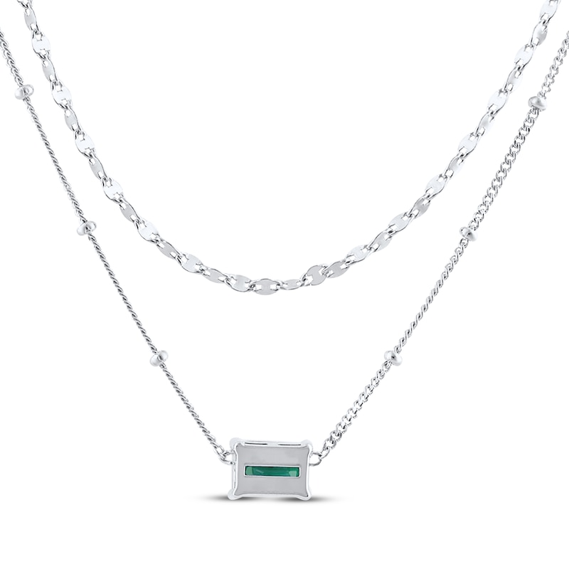Main Image 3 of Emerald-Cut Lab-Created Emerald Double Strand Necklace Sterling Silver 17.5&quot;