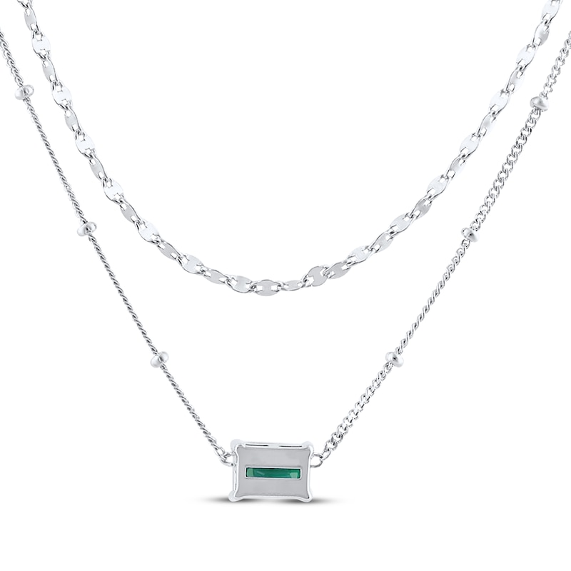 Emerald-Cut Lab-Created Emerald Double Strand Necklace Sterling Silver 17.5"