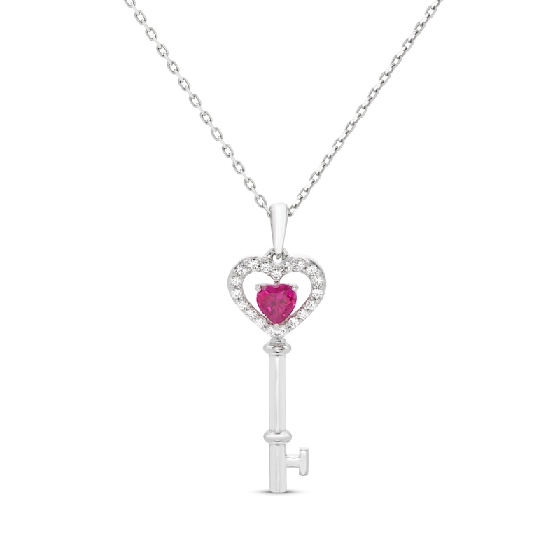 Main Image 1 of Heart-Shaped Lab-Created Ruby & White Lab-Created Sapphire Key Necklace Sterling Silver 18&quot;