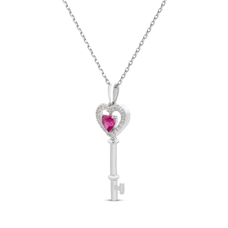 Main Image 2 of Heart-Shaped Lab-Created Ruby & White Lab-Created Sapphire Key Necklace Sterling Silver 18&quot;