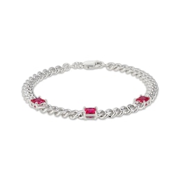 Square-Cut Lab-Created Ruby Station Curb Chain Bracelet Sterling Silver 7.25"