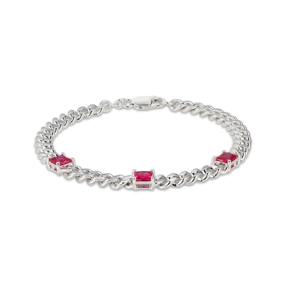 Square-Cut Lab-Created Ruby Station Curb Chain Bracelet Sterling Silver 7.25"