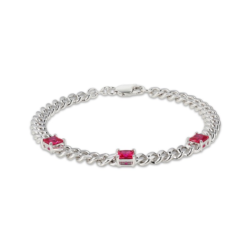 Main Image 1 of Square-Cut Lab-Created Ruby Station Curb Chain Bracelet Sterling Silver 7.25&quot;