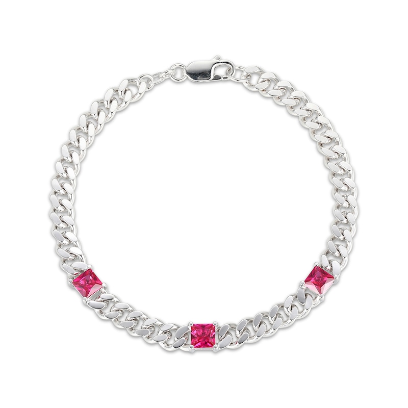 Main Image 2 of Square-Cut Lab-Created Ruby Station Curb Chain Bracelet Sterling Silver 7.25&quot;
