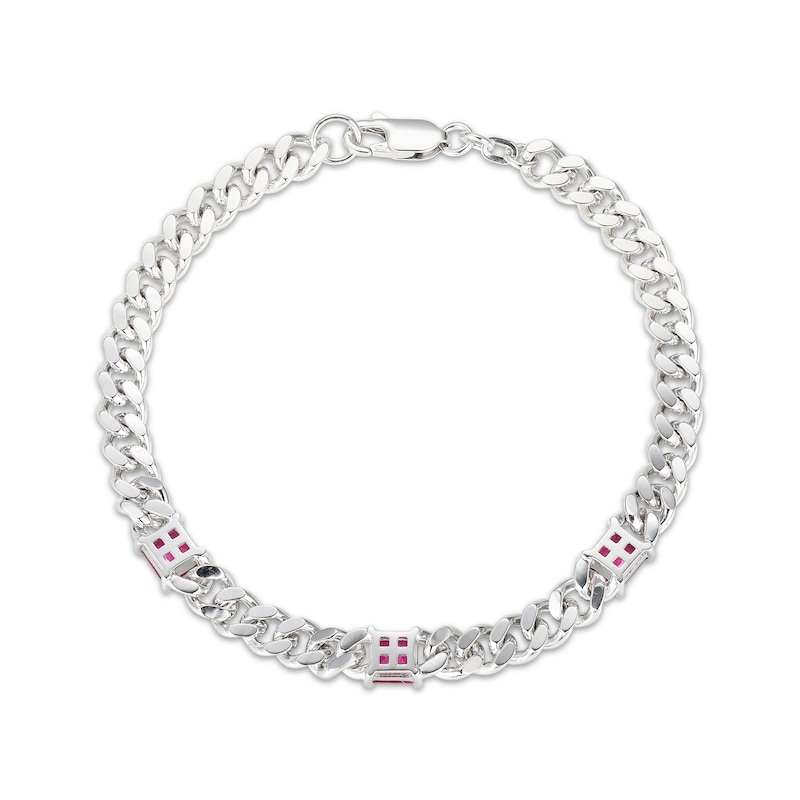 Main Image 3 of Square-Cut Lab-Created Ruby Station Curb Chain Bracelet Sterling Silver 7.25&quot;