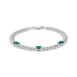 Square-Cut Lab-Created Emerald Station Curb Chain Bracelet Sterling Silver 7.25"