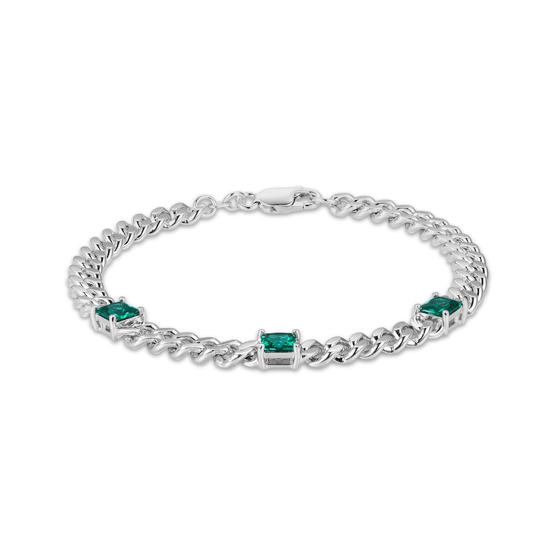 Main Image 1 of Square-Cut Lab-Created Emerald Station Curb Chain Bracelet Sterling Silver 7.25&quot;