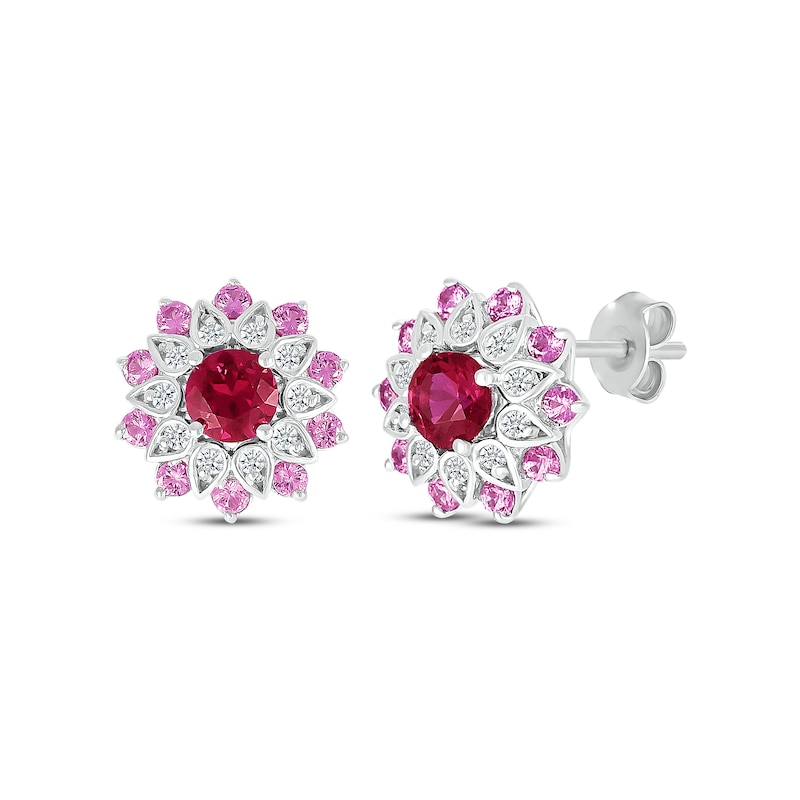 Lab-Created Ruby, Pink & White Lab-Created Sapphire Flower Stud ...