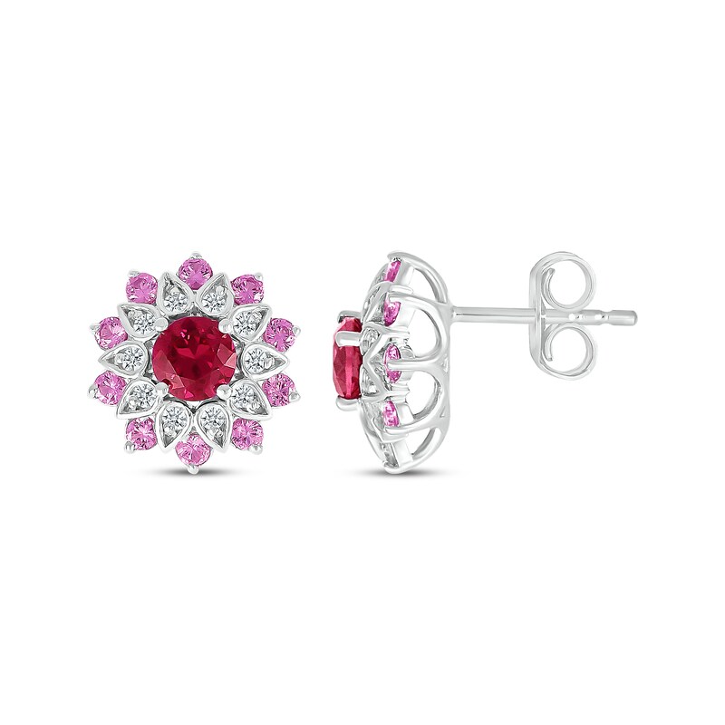 Main Image 3 of Lab-Created Ruby, Pink & White Lab-Created Sapphire Flower Stud Earrings Sterling Silver