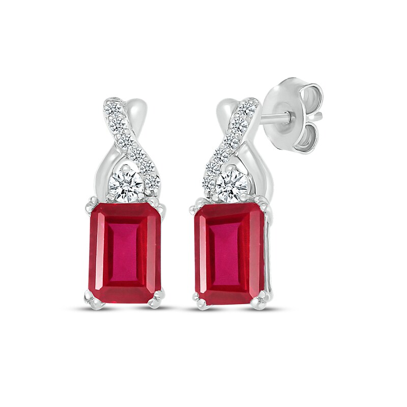 Main Image 1 of Emerald-Cut Lab-Created Ruby & White Lab-Created Sapphire Drop Earrings Sterling Silver