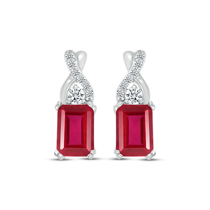 Main Image 2 of Emerald-Cut Lab-Created Ruby & White Lab-Created Sapphire Drop Earrings Sterling Silver