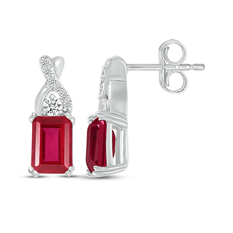 Main Image 3 of Emerald-Cut Lab-Created Ruby & White Lab-Created Sapphire Drop Earrings Sterling Silver