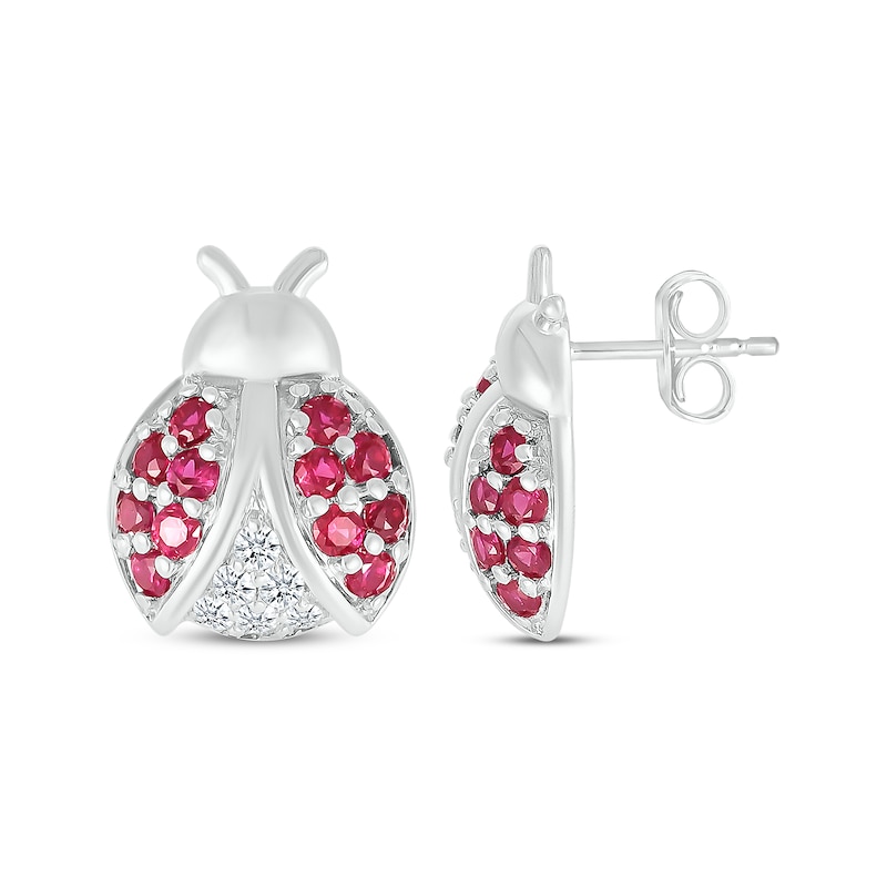 Main Image 3 of Lab-Created Ruby & White Lab-Created Sapphire Ladybug Stud Earrings Sterling Silver