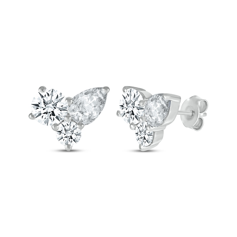 Main Image 1 of Pear-Shaped & Round-Cut White Lab-Created Sapphire Cluster Stud Earrings Sterling Silver