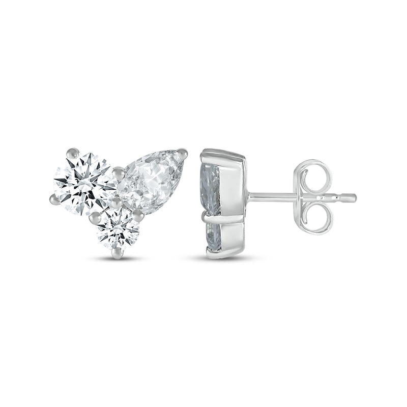 Main Image 3 of Pear-Shaped & Round-Cut White Lab-Created Sapphire Cluster Stud Earrings Sterling Silver