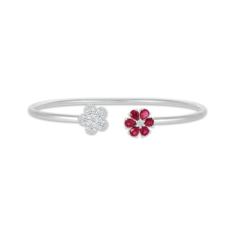 Main Image 1 of Pear-Shaped Lab-Created Ruby & White Lab-Created Sapphire Flower Flex Cuff Bracelet Sterling Silver