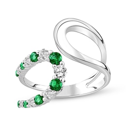 Lab-Created Emerald & White Lab-Created Sapphire Open Loop Deconstructed Ring Sterling Silver