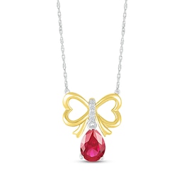 Pear-Shaped Lab-Created Ruby & White Lab-Created Sapphire Bow Necklace Sterling Silver & 10K Yellow Gold 18"