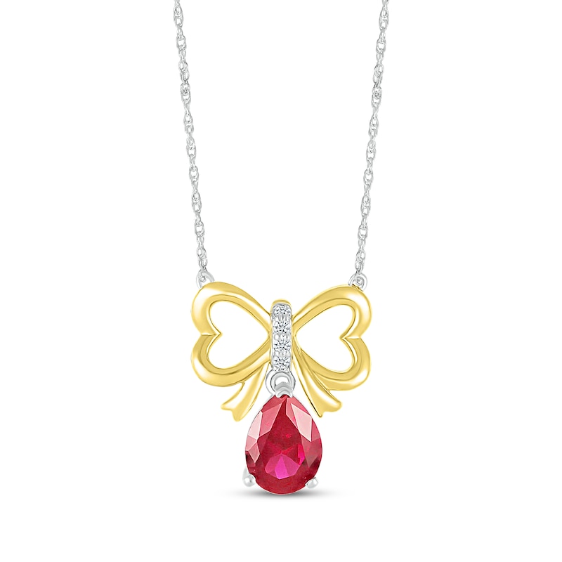 Main Image 1 of Pear-Shaped Lab-Created Ruby & White Lab-Created Sapphire Bow Necklace Sterling Silver & 10K Yellow Gold 18&quot;