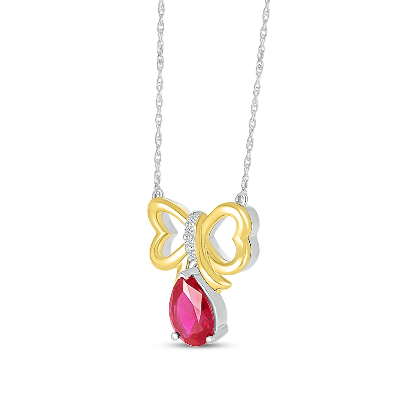 Main Image 2 of Pear-Shaped Lab-Created Ruby & White Lab-Created Sapphire Bow Necklace Sterling Silver & 10K Yellow Gold 18&quot;