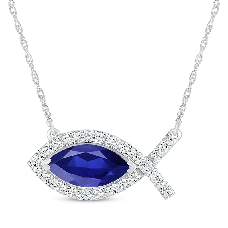 Main Image 1 of Marquise-Cut Blue Lab-Created Sapphire & White Lab-Created Sapphire Ichthys Necklace Sterling Silver 18&quot;