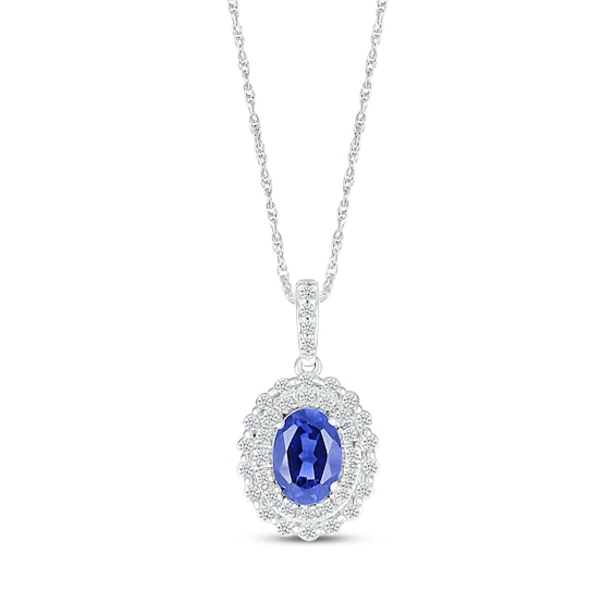 Oval-Cut Blue Lab-Created Sapphire & White Lab-Created Sapphire Double Halo Necklace Sterling Silver 18"