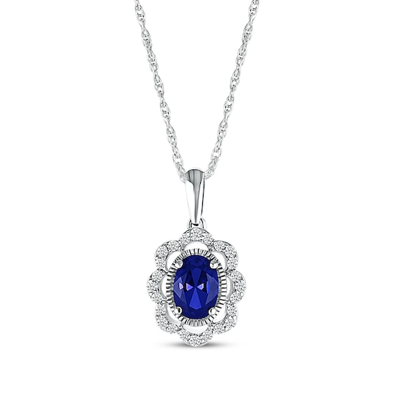 Oval-Cut Blue Lab-Created Sapphire & White Lab-Created Sapphire Scallop Frame Necklace Sterling Silver 18"
