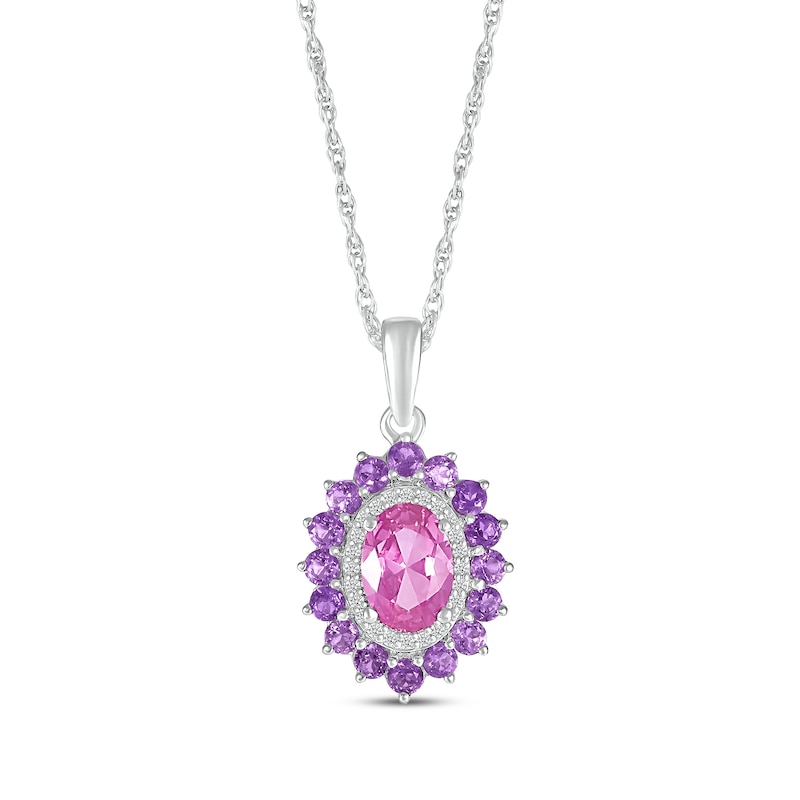 Main Image 1 of Oval-Cut Pink Lab-Created Sapphire, White Lab-Created Sapphire & Amethyst Necklace Sterling Silver 18&quot;