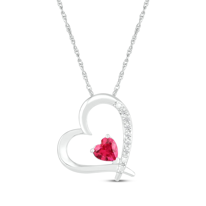 Main Image 1 of Heart-Shaped Lab-Created Ruby & White Lab-Created Sapphire Heart Necklace Sterling Silver 18&quot;
