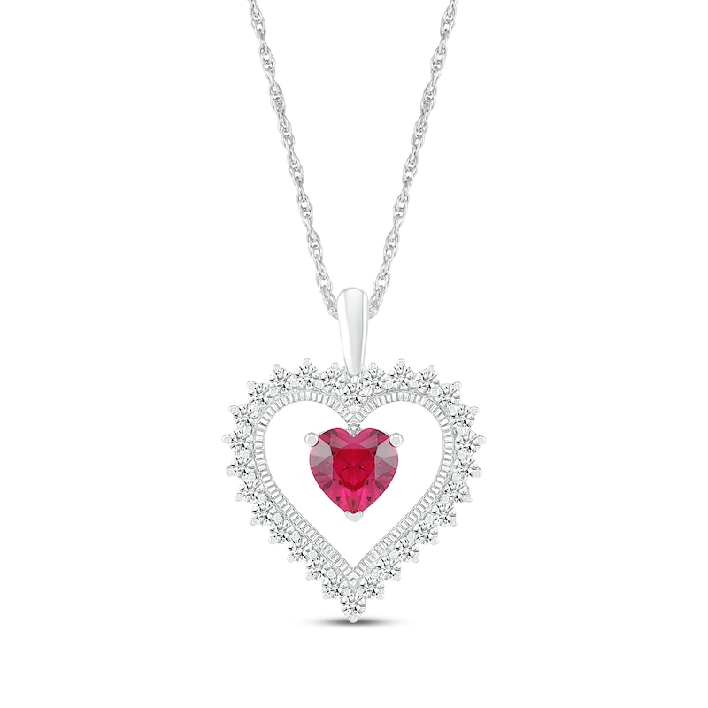 Main Image 1 of Heart-Shaped Lab-Created Ruby & White Lab-Created Sapphire Heart Frame Necklace Sterling Silver 18&quot;