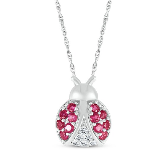Lab-Created Ruby & White Lab-Created Sapphire Ladybug Necklace Sterling Silver 18"