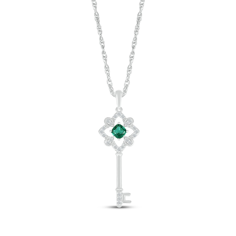 Main Image 1 of Cushion-Cut Lab-Created Emerald & White Lab-Created Sapphire Key Necklace Sterling Silver 18&quot;
