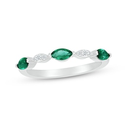Marquise-Cut Lab-Created Emeralds & White Lab-Created Sapphire Ring Sterling Silver