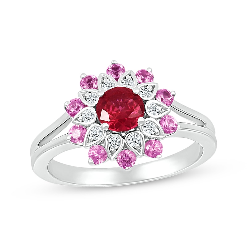 Lab-Created Ruby, Pink & White Lab-Created Sapphire Flower Ring ...