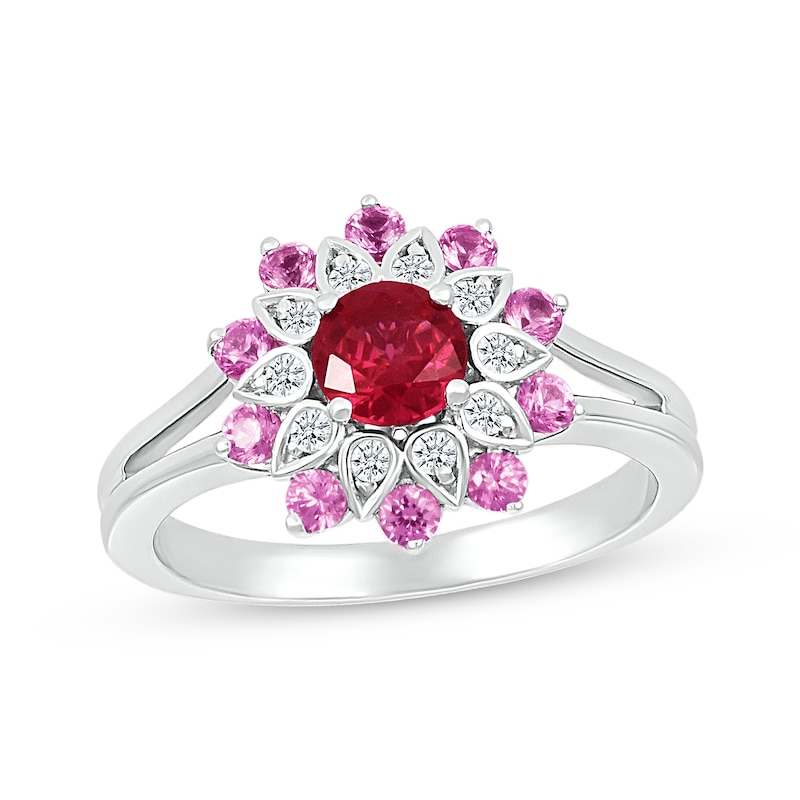 Main Image 1 of Lab-Created Ruby, Pink & White Lab-Created Sapphire Flower Ring Sterling Silver