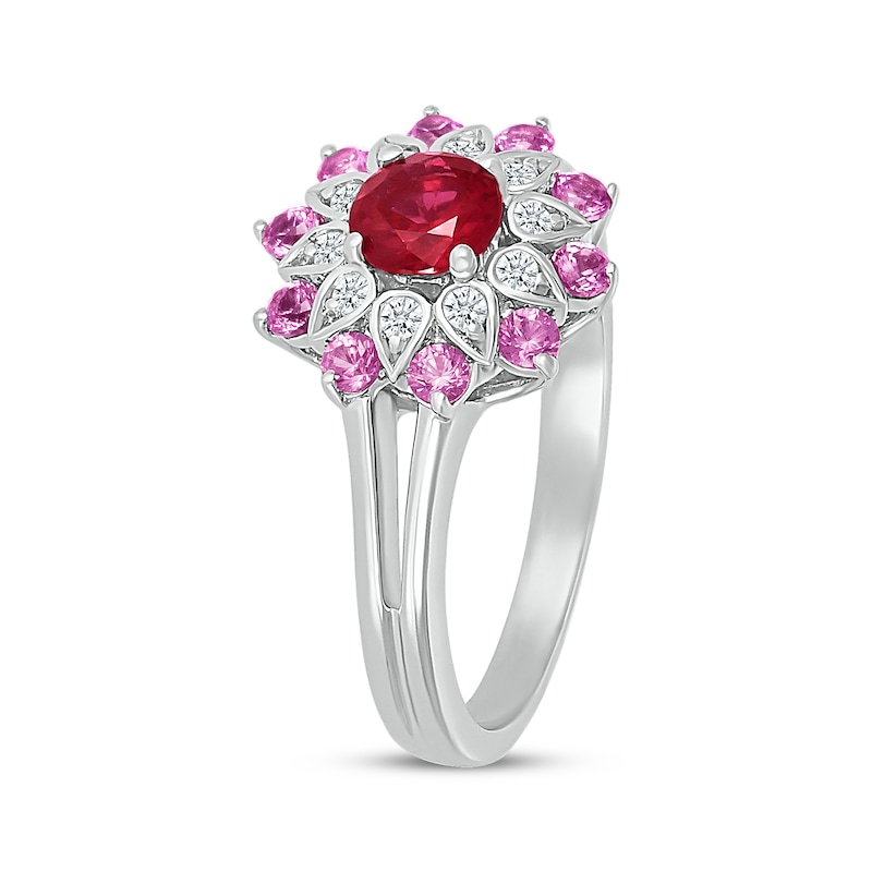 Main Image 2 of Lab-Created Ruby, Pink & White Lab-Created Sapphire Flower Ring Sterling Silver