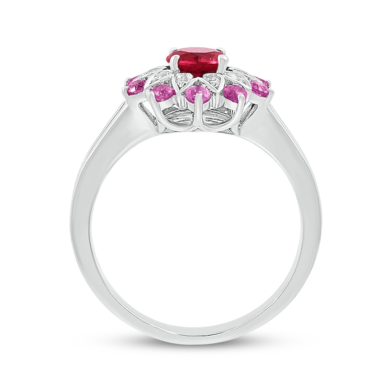 Main Image 3 of Lab-Created Ruby, Pink & White Lab-Created Sapphire Flower Ring Sterling Silver