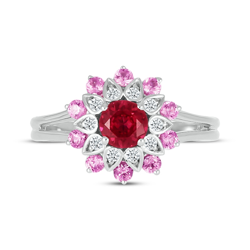 Main Image 4 of Lab-Created Ruby, Pink & White Lab-Created Sapphire Flower Ring Sterling Silver
