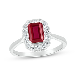 Emerald-Cut Lab-Created Ruby & White Lab-Created Sapphire Scallop Frame Ring Sterling Silver