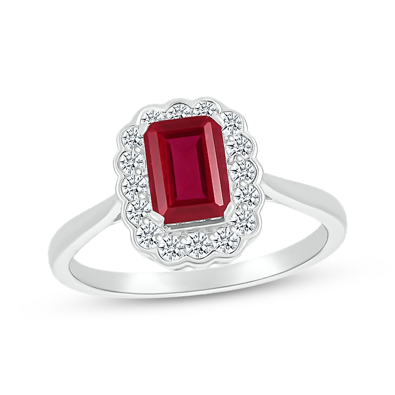 Main Image 1 of Emerald-Cut Lab-Created Ruby & White Lab-Created Sapphire Scallop Frame Ring Sterling Silver