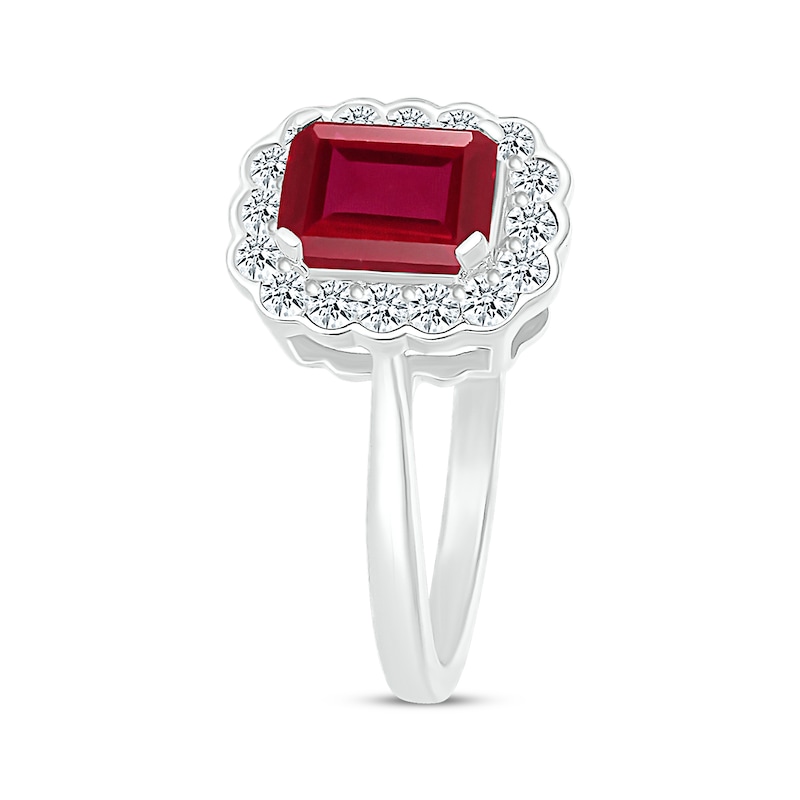 Main Image 2 of Emerald-Cut Lab-Created Ruby & White Lab-Created Sapphire Scallop Frame Ring Sterling Silver