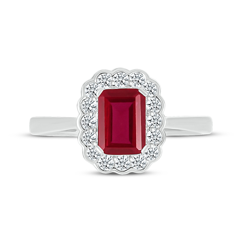 Main Image 4 of Emerald-Cut Lab-Created Ruby & White Lab-Created Sapphire Scallop Frame Ring Sterling Silver