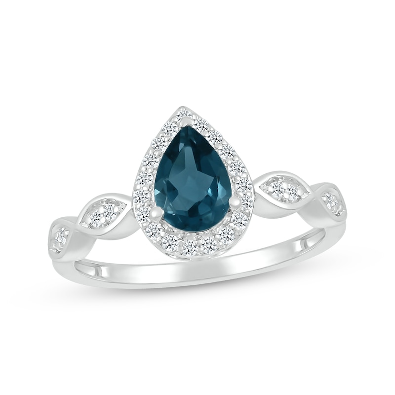 Main Image 1 of Pear-Shaped London Blue Topaz & White Lab-Created Sapphire Ring 10K White Gold