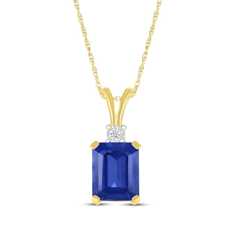Main Image 1 of Emerald-Cut Blue Lab-Created Sapphire & Diamond Accent Necklace 10K Yellow Gold 18"