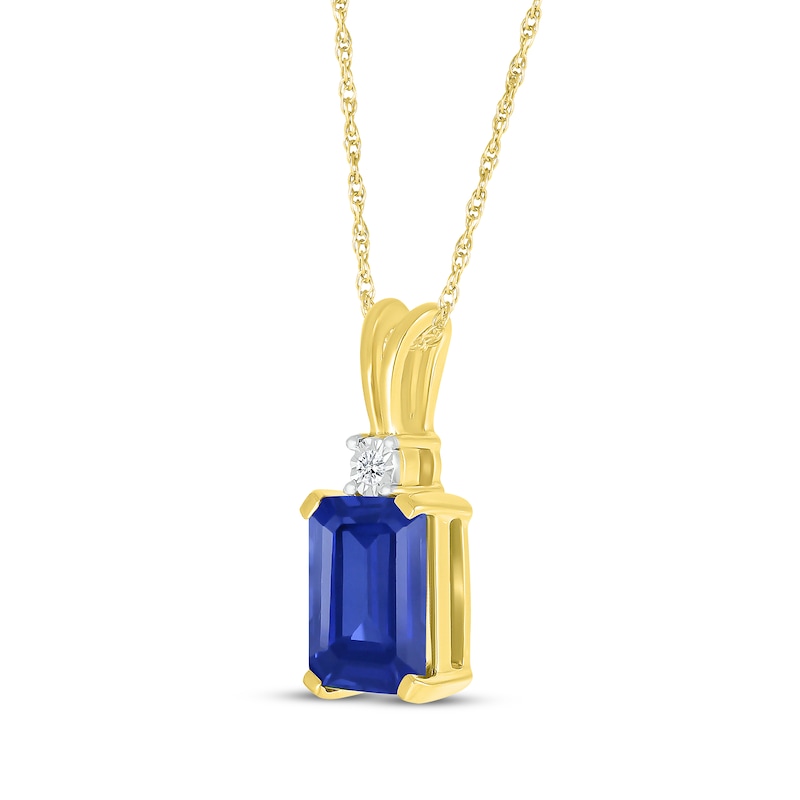 Main Image 2 of Emerald-Cut Blue Lab-Created Sapphire & Diamond Accent Necklace 10K Yellow Gold 18"
