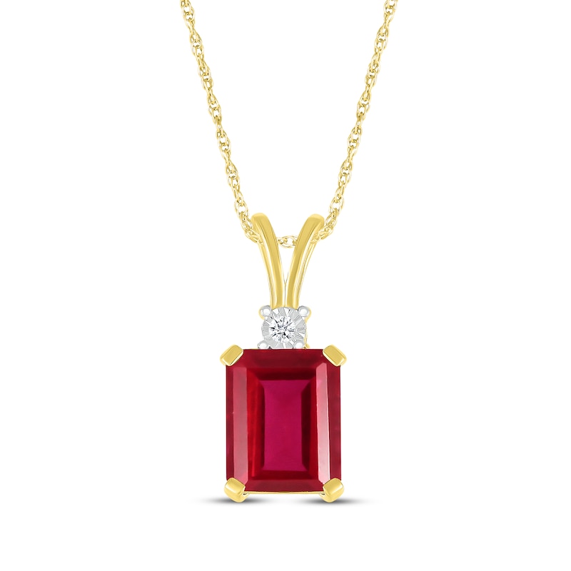 Main Image 1 of Emerald-Cut Lab-Created Ruby & Diamond Accent Necklace 10K Yellow Gold 18"